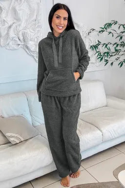Grey Fuzzy Hoodie & Pants 2pcs Set