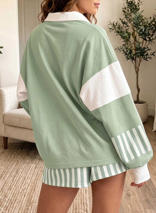 Smoke Green Striped Color Block Pullover Top Drawstring Shorts Set