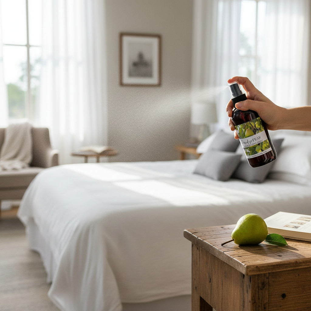 Doodlations Coffee Bar & Boutique Paradise Pear room and linen spray being misted in a bright, airy bedroom.