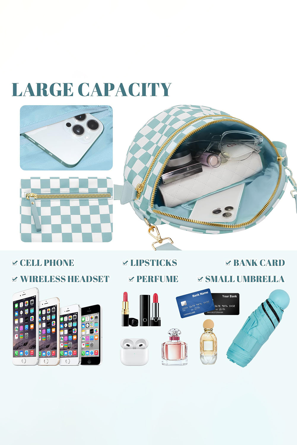 Mist Blue Checkered Print Large Crossbody Bag