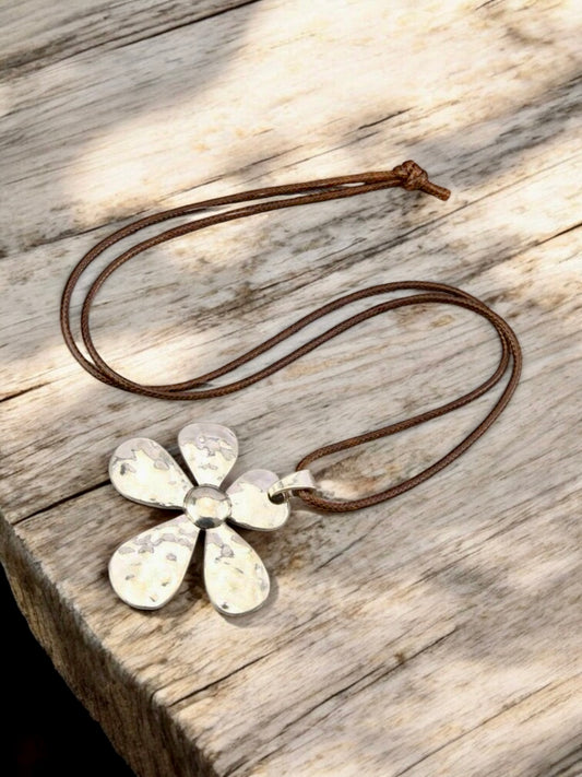 Silver Sunflower Corded Necklace