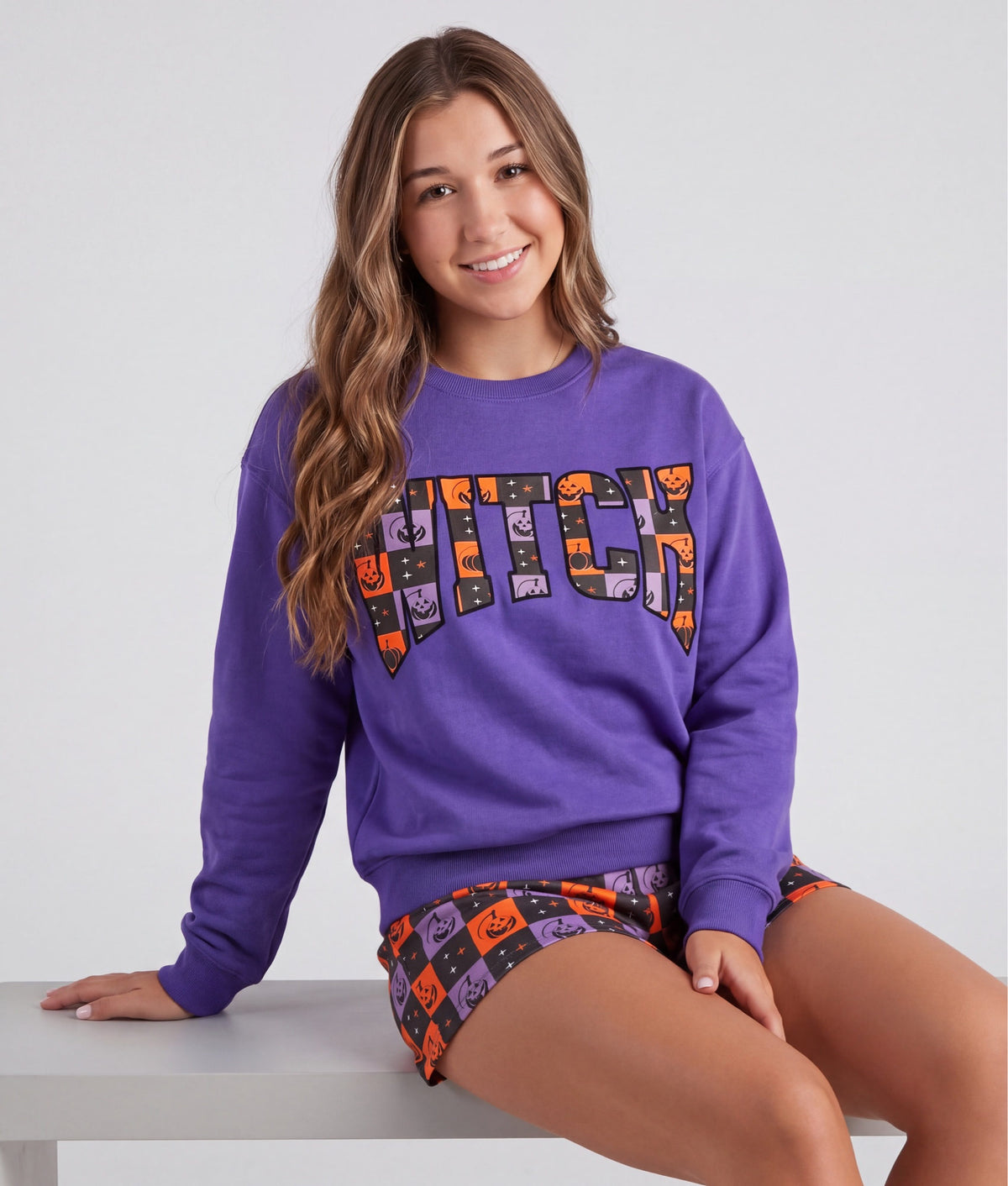 Witch Long Sleeve Top Checkered Shorts Set