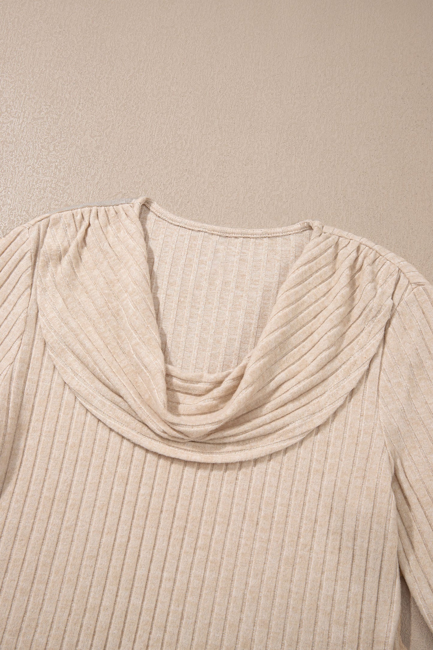 Apricot Ribbed Knit Cowl Neck Long Sleeve Top