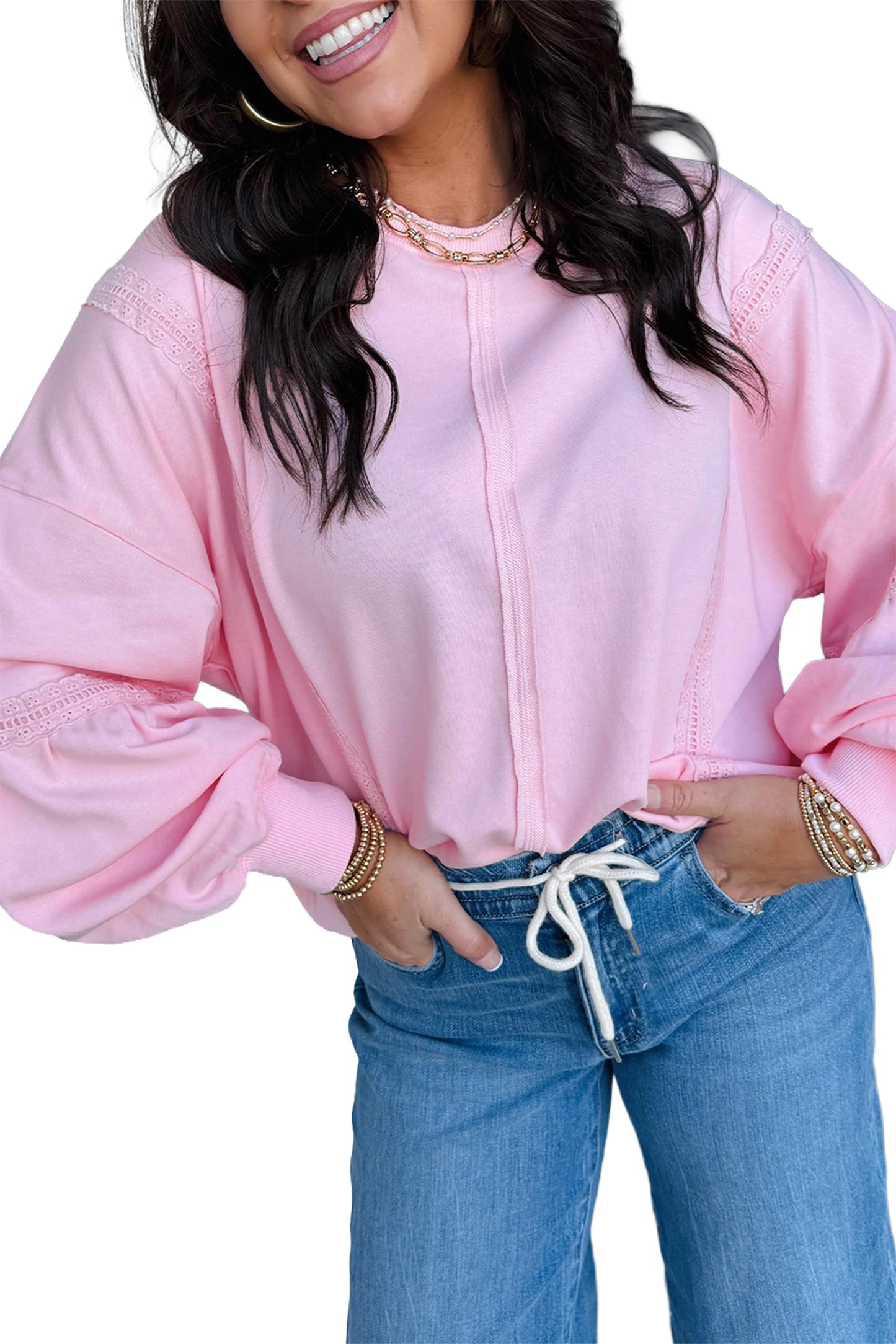 Pink Raw Seam Lace Detail Casual Sweatshirt