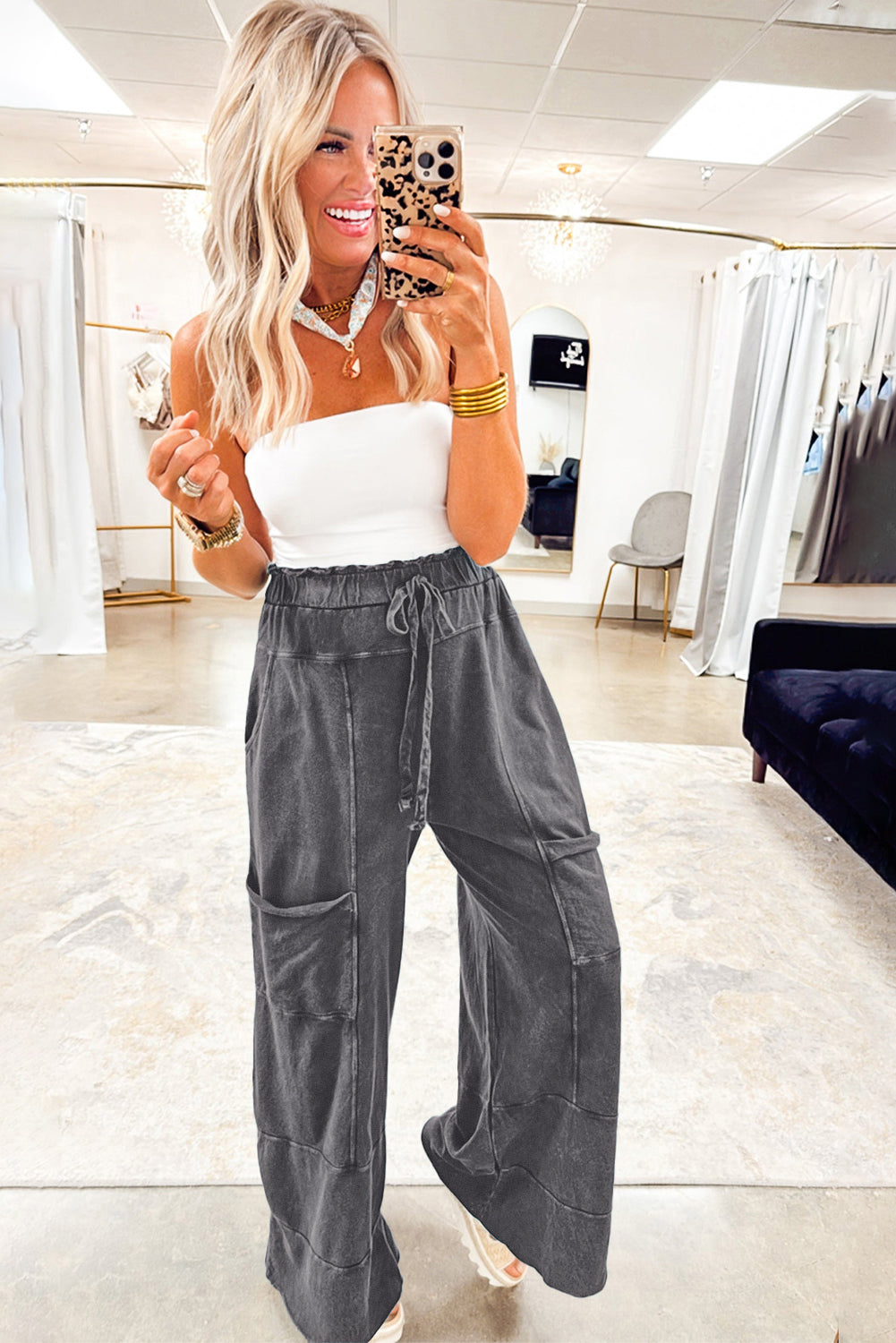 Grey Mineral Wash High Waist Raw Hem Pants