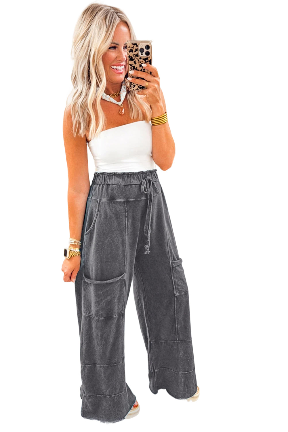 Grey Mineral Wash High Waist Raw Hem Pants