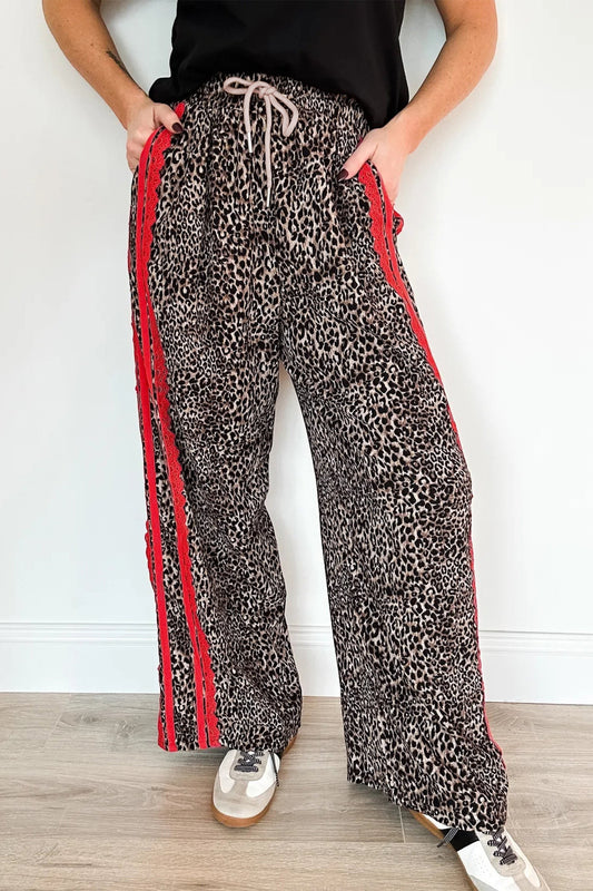 Leopard Print Striped Drawstring Pants