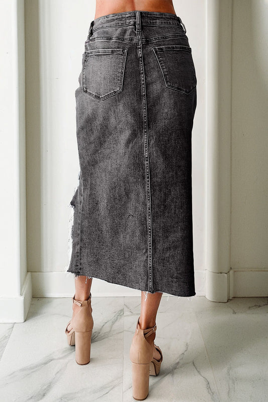 Dark Grey Distressed Bottom Denim Skirt