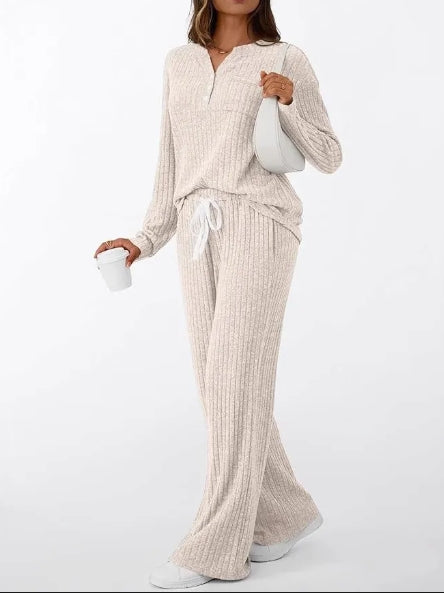 Khaki Knitted Ribbed Long Sleeve Top & Pants Set