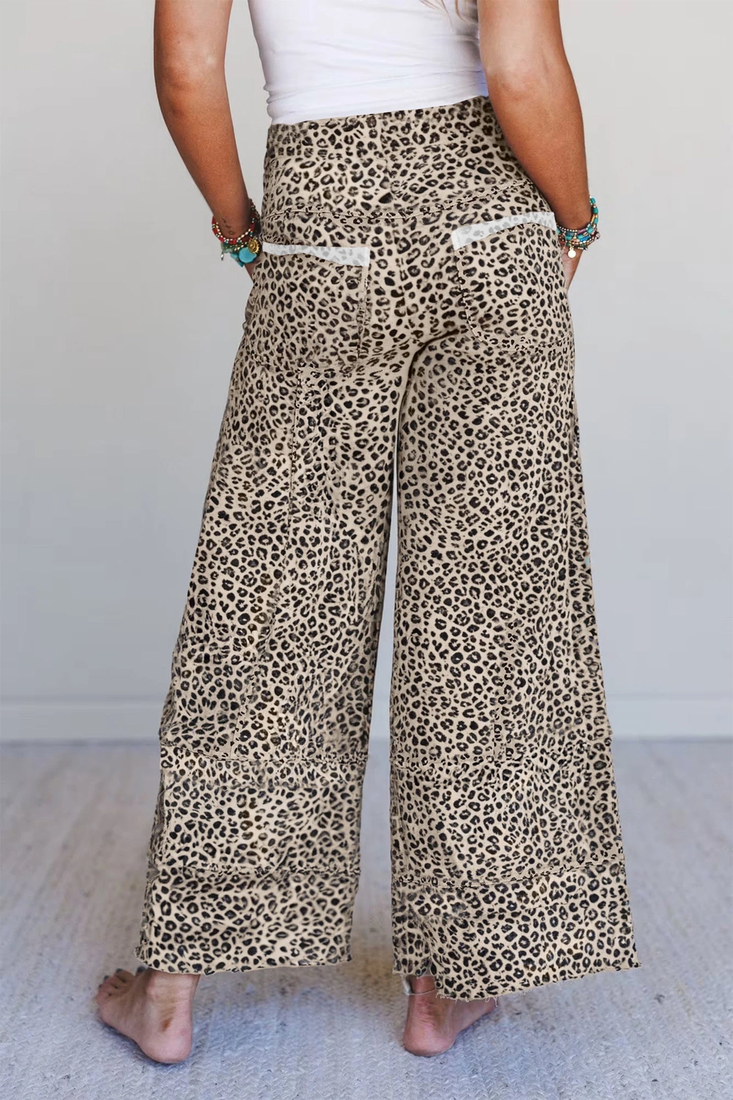Khaki Leopard Print Wide Leg Knit Pants