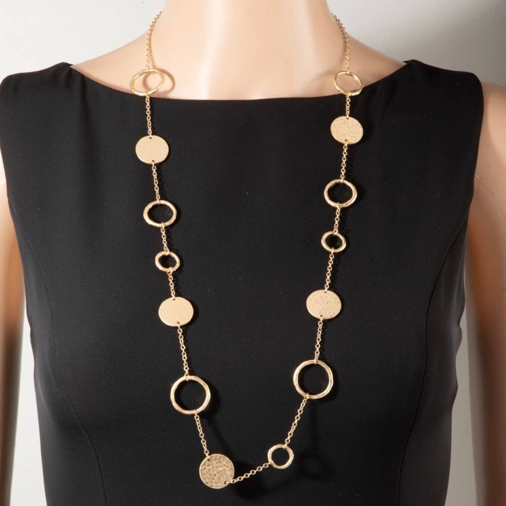 Long Hammered Disc & Open Circle Station Necklace