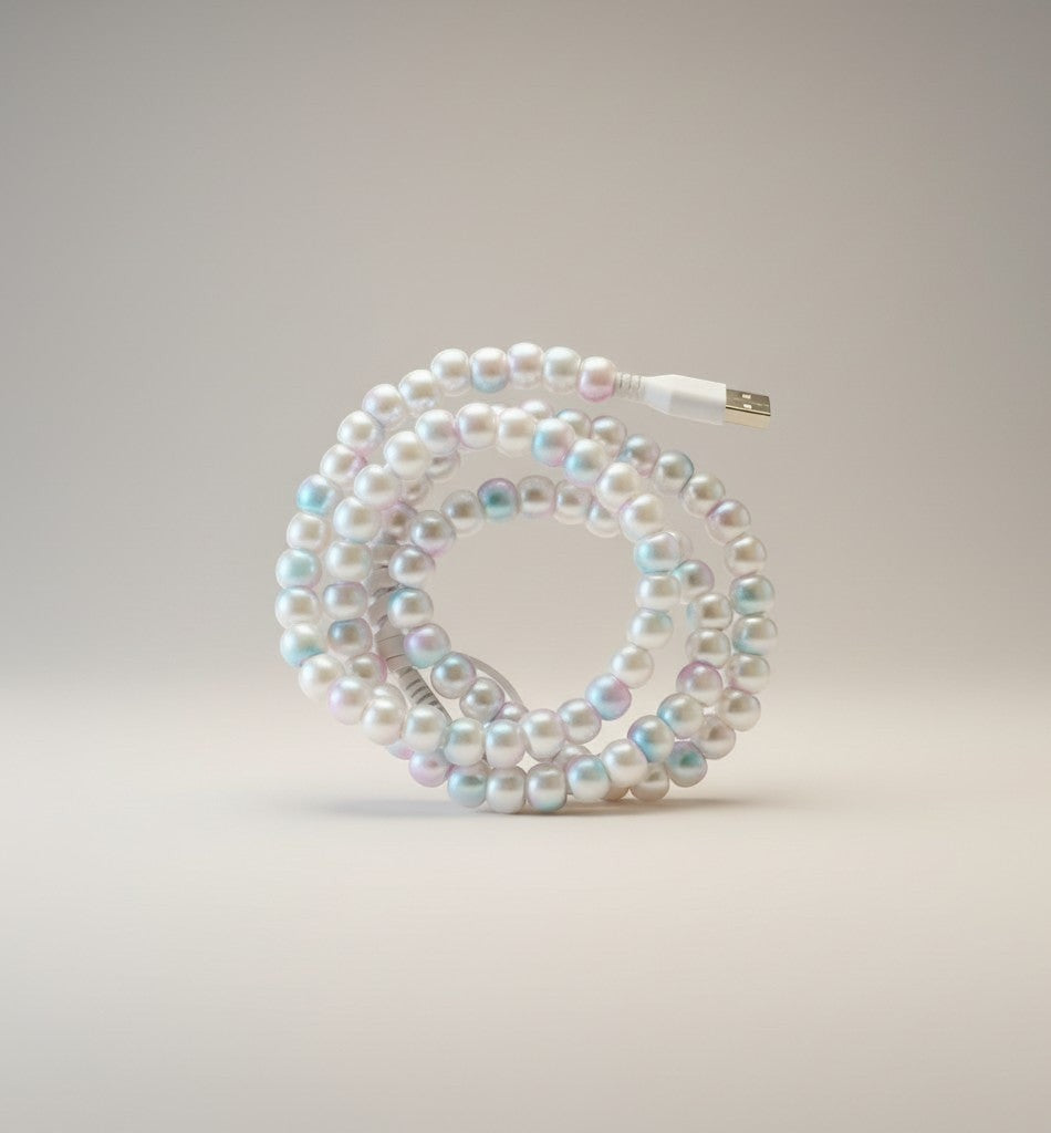 Doodlations Coffee Bar & Boutique iridescent beaded phone charger with Lightning and USB-C connectors.