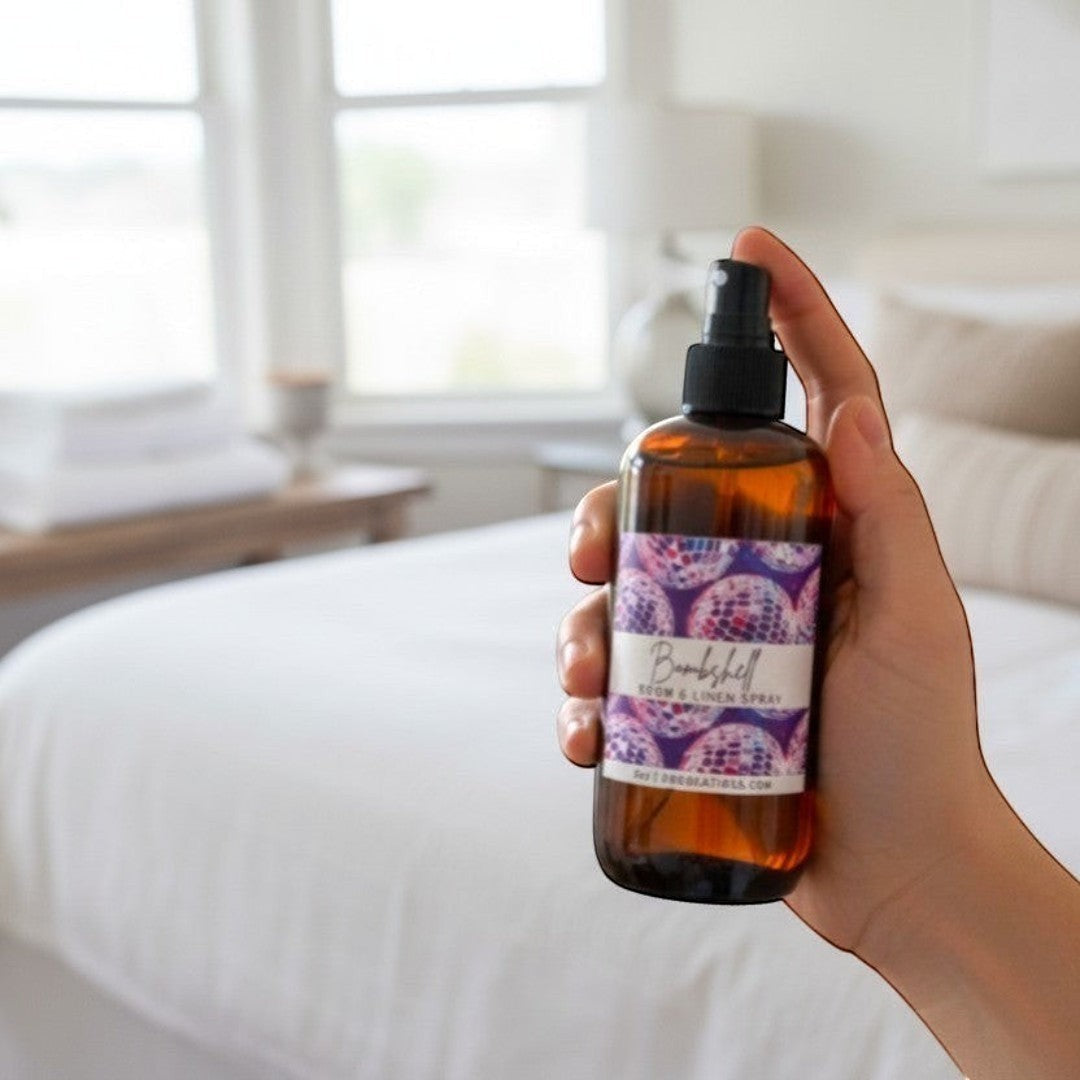 Doodlations Bombshell Room & Linen Spray bottle with disco ball label. Inspired by Victoria's Secret Bombshell.