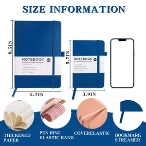 Doodlations Coffee Bar & Boutique A6 blue hardcover dotted journal showing size dimensions and notebook features