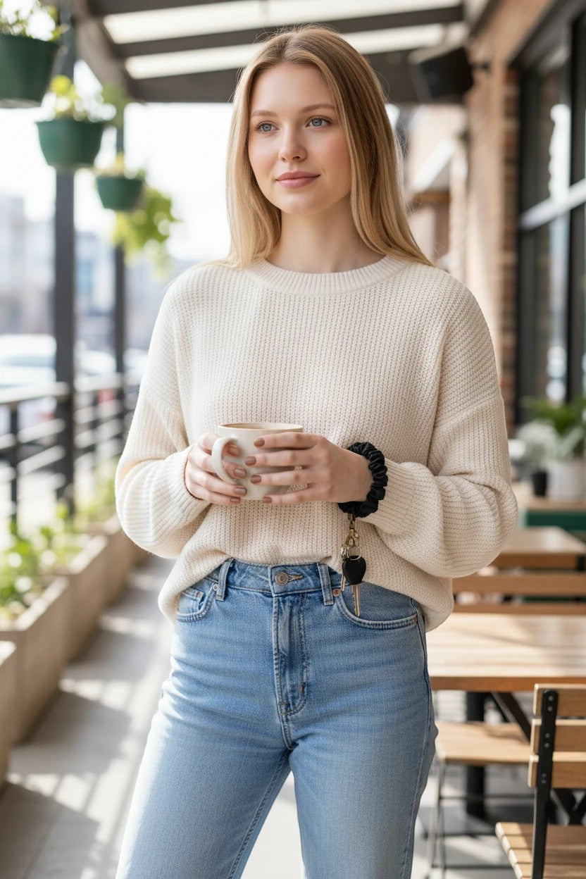 Doodlations Coffee Bar & Boutique black luxe satin scrunchie keychain worn on the wrist by a woman holding a coffee