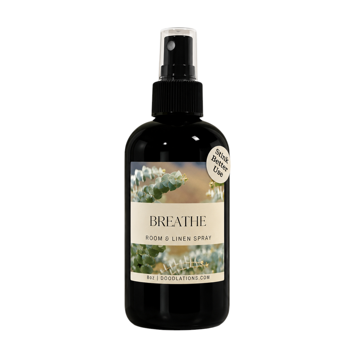 Doodlations Coffee Bar & Boutique Breathe room and linen spray in a black glass bottle with eucalyptus label design.