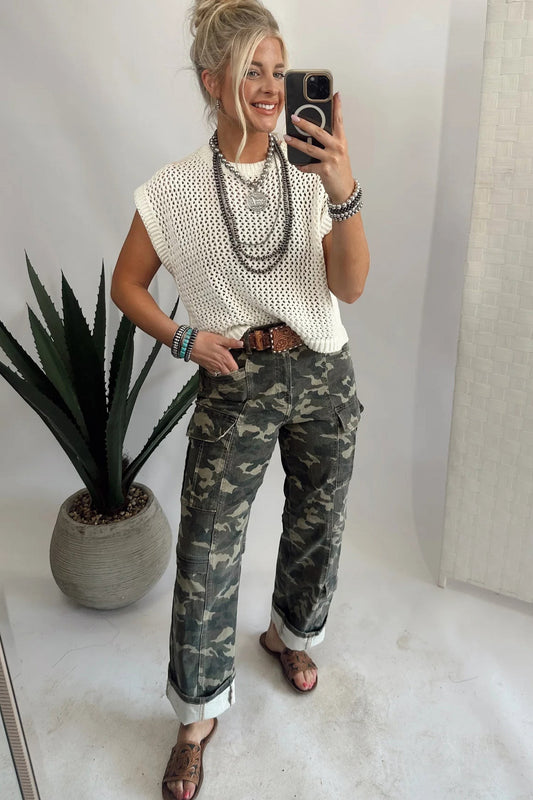 Doodlations Coffee Bar & Boutique women wearing camouflage utility cargo pants with a white knit sleeveless top