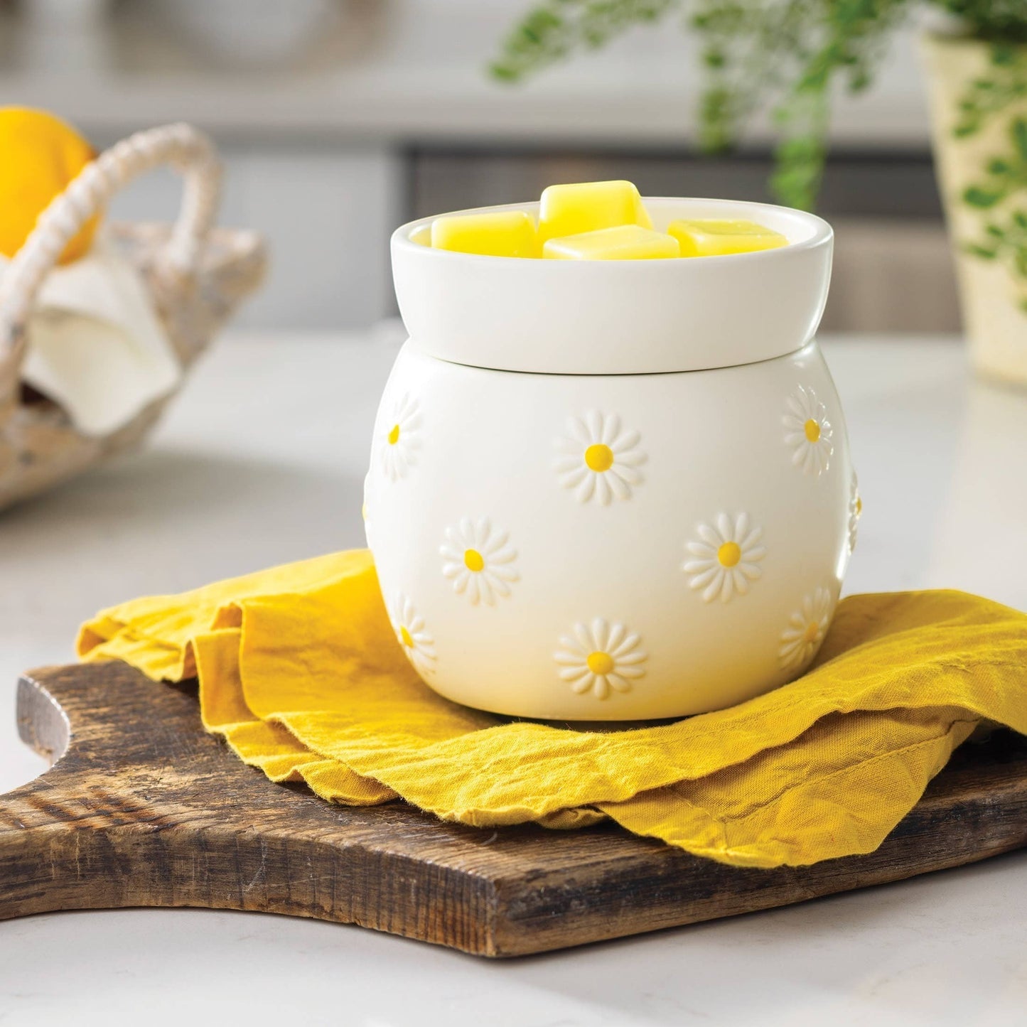 Doodlations Coffee Bar & Boutique Daisy Delight Wax Warmer, white ceramic with raised daisies and yellow centers, filled with yellow wax melts.