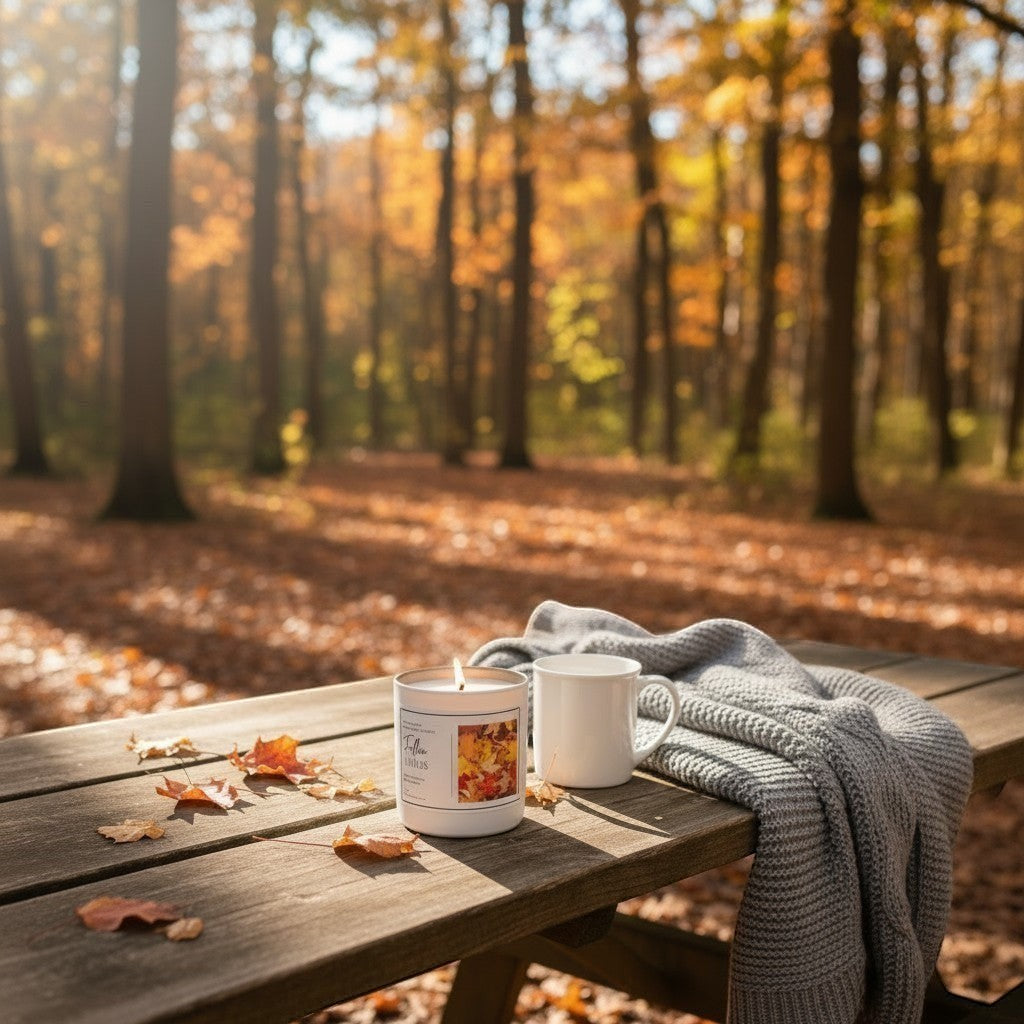 Doodlations Coffee Bar & Boutique Fallen Leaves candle with wax leaf topping, next to a mug and grey blanket on a picnic table.
