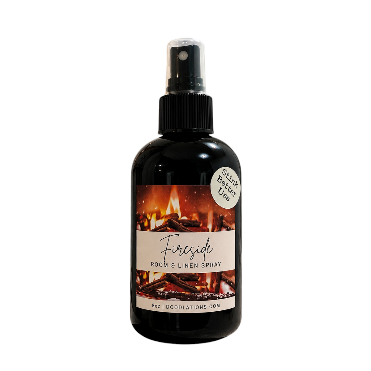 Doodlations Coffee Bar & Boutique Fireside room and linen spray in a black bottle with a fireplace label.