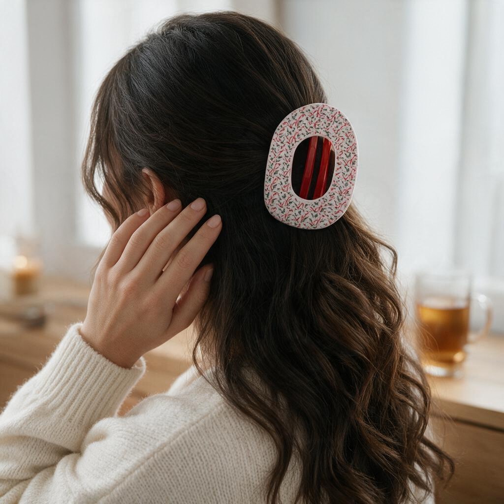 Doodlations Coffee Bar & Boutique Teleties Festive Feels flat round hair clip worn in a woman's wavy brown hair.
