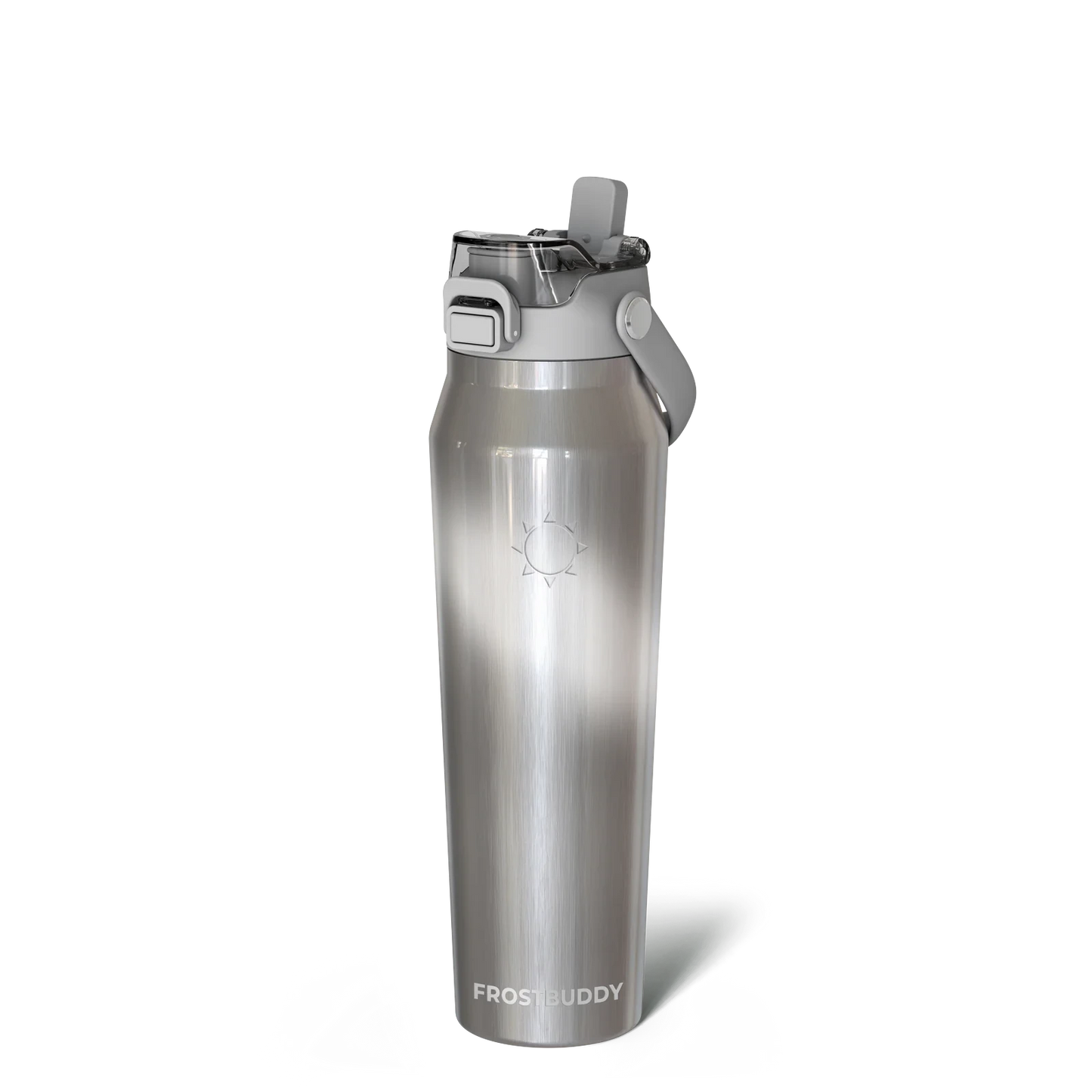 Doodlations Coffee Bar & Boutique Frost Buddy 32oz stainless steel water bottle with straw lid and detachable strap.