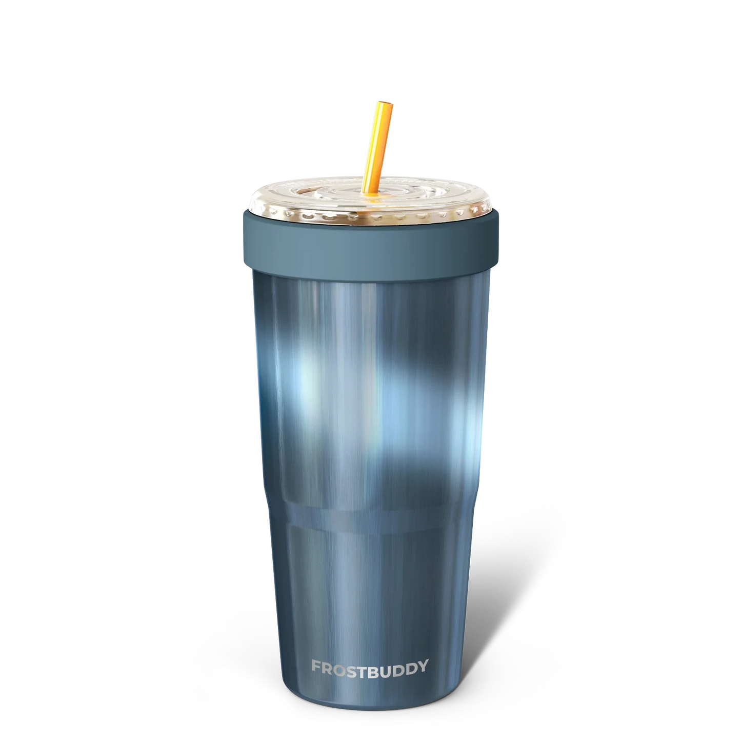 Doodlations Coffee Bar & Boutique Frost Buddy To-Go Buddy, blue stainless steel tumbler with gold lid and yellow straw.