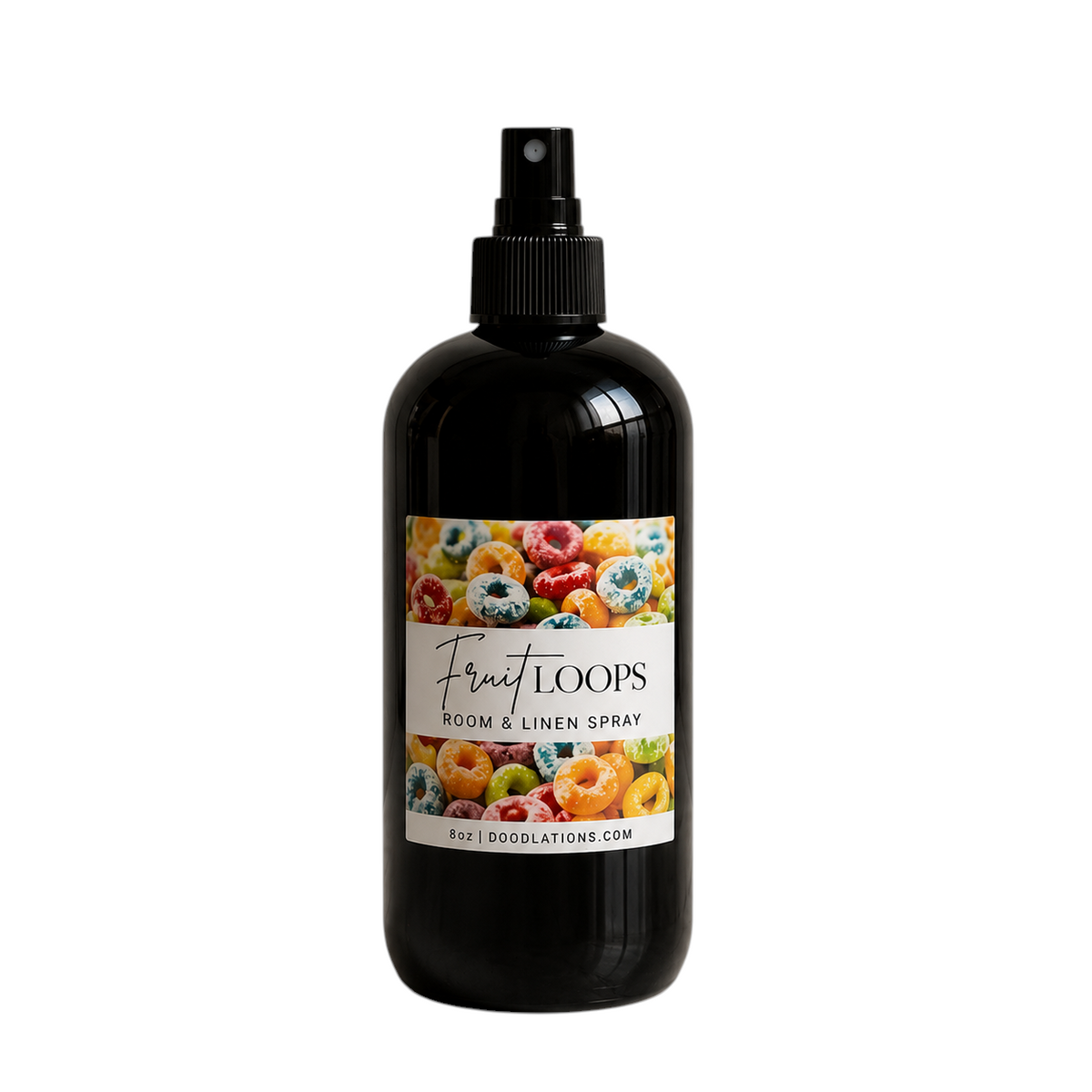 Doodlations Coffee Bar & Boutique Fruit Loop room and linen spray in a black bottle with a colorful cereal label