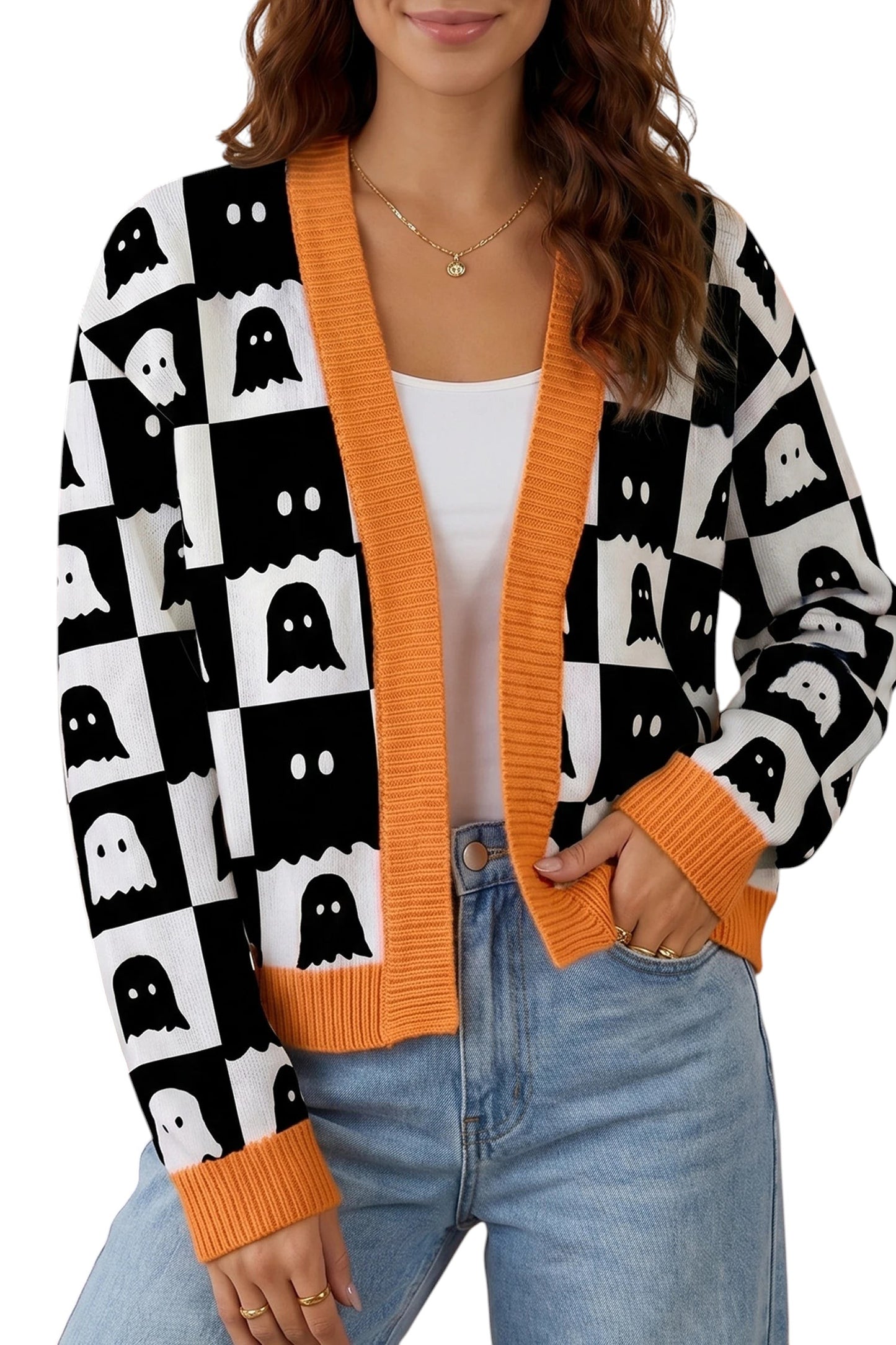 Doodlations Coffee Bar & Boutique black and white ghost print knit cardigan with orange trim and drop shoulders