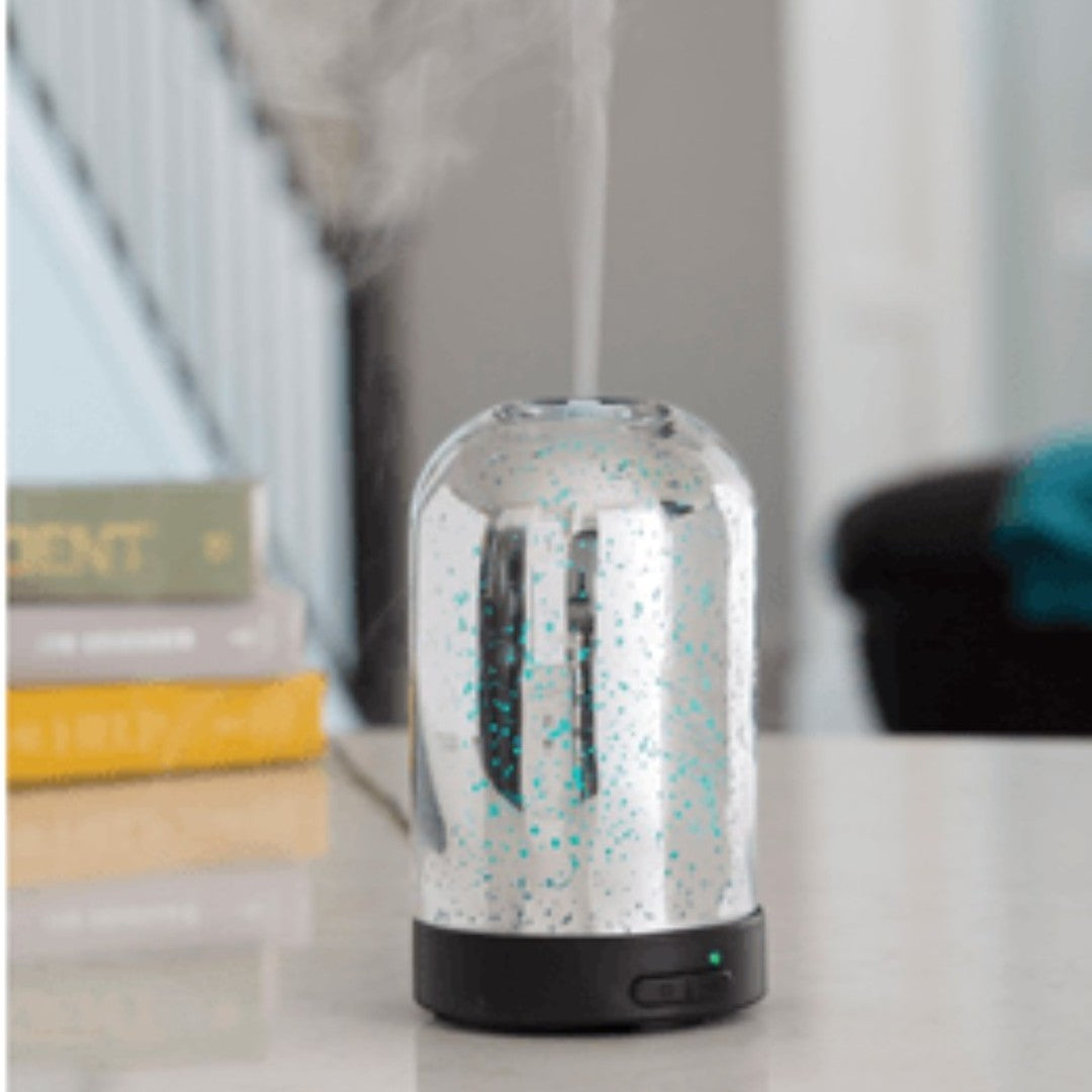 Doodlations Coffee Bar & Boutique silver mercury glass ultrasonic diffuser with random holes, 100ml capacity, 2 mist modes, 7 LED colors.