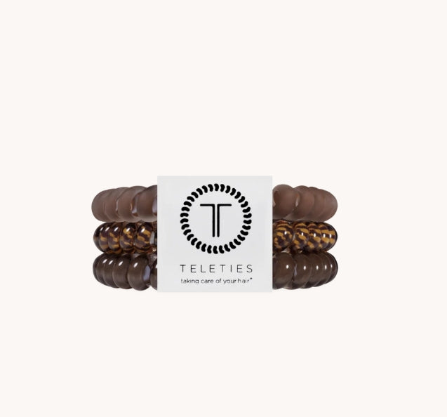 Doodlations Coffee Bar & Boutique Teleties Morning Brew spiral hair ties in warm coffee brown shades