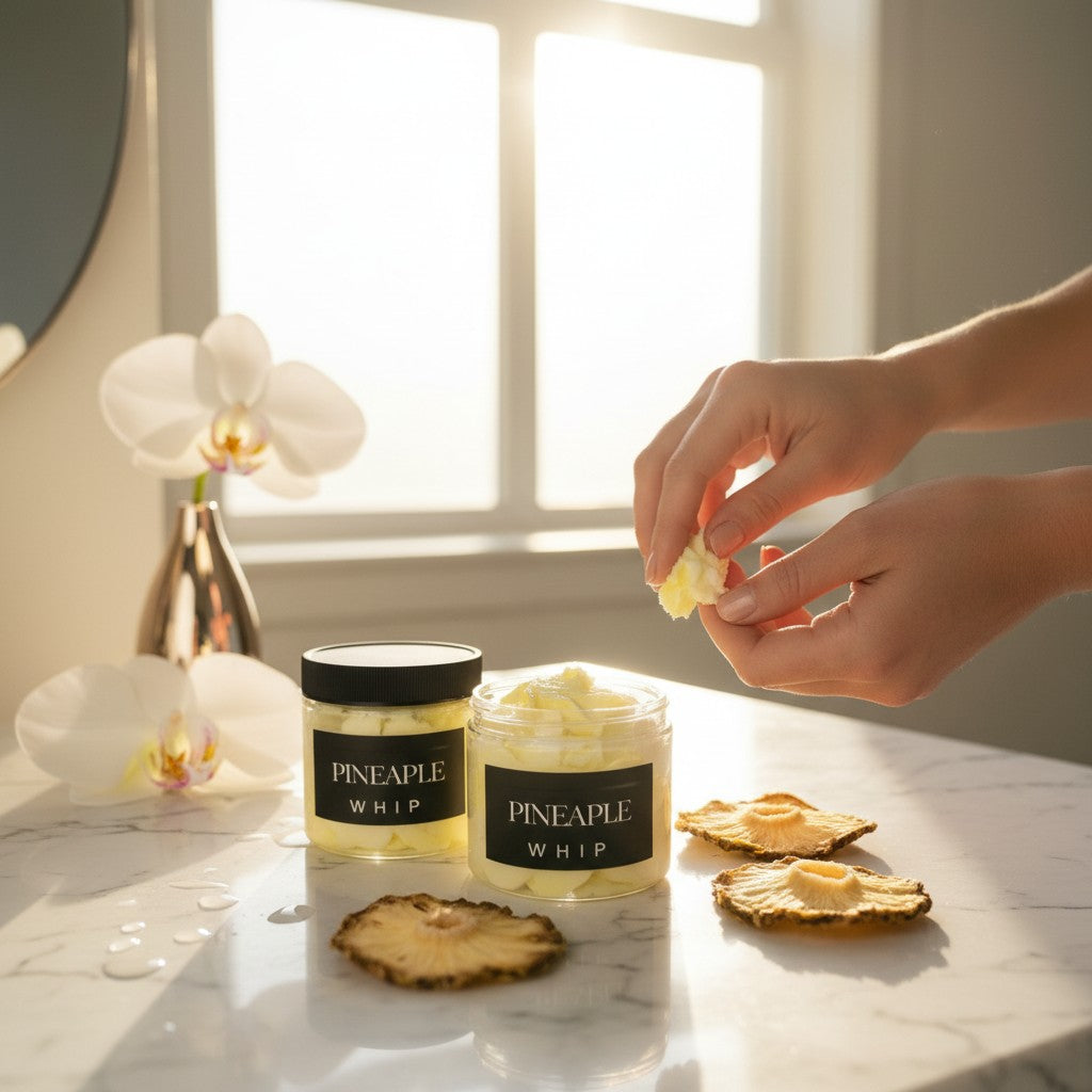 Doodlations Coffee Bar & Boutique Pineapple Mango whipped soap in a jar with dried pineapple slices on marble counter.