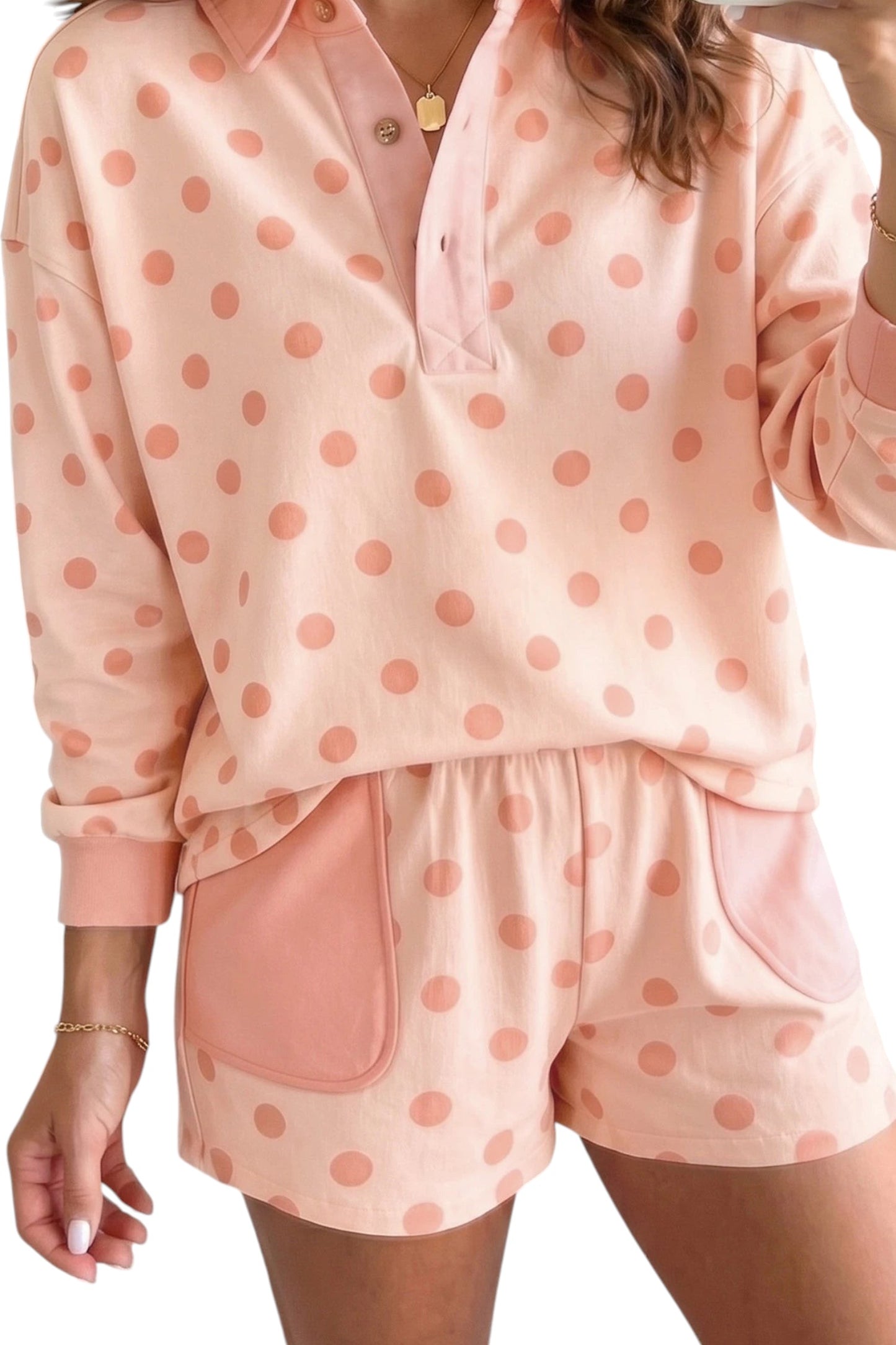 Doodlations Coffee Bar & Boutique pink polka dot drop shoulder polo pullover and matching shorts lounge set
