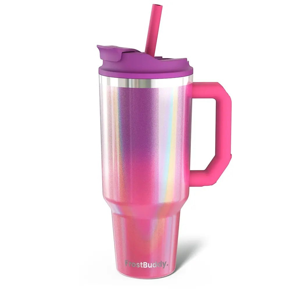 Doodlations Coffee Bar & Boutique 40oz Frost Buddy Thicc Buddy tumbler in iridescent pink and purple with straw
