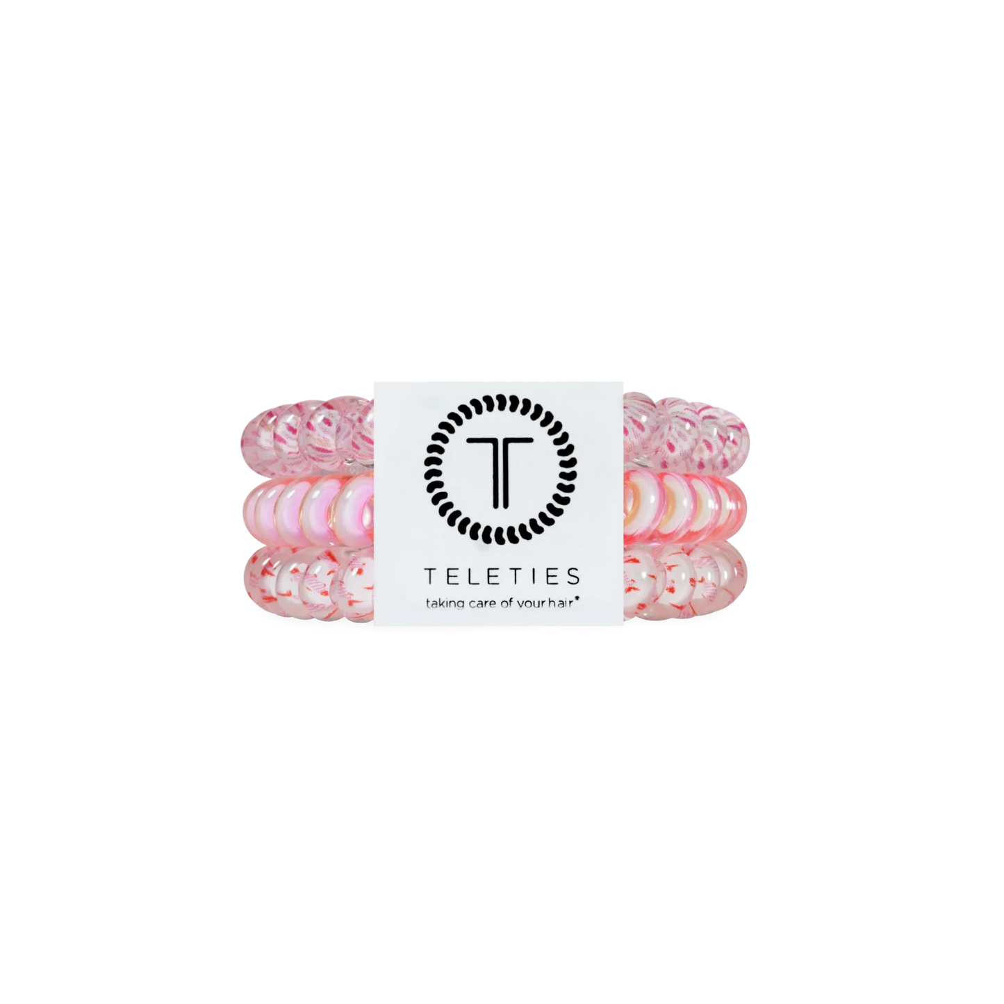Doodlations Coffee Bar & Boutique Just Keep Swimming spiral hair ties in pink and white, gentle on hair.
