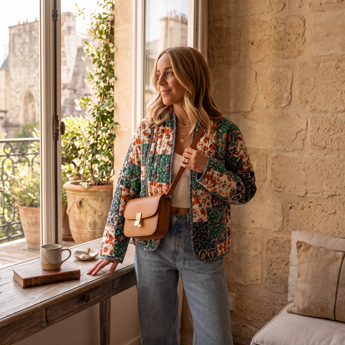 Woman wearing a Doodlations Coffee Bar & Boutique quilted patchwork floral jacket by a sunny window