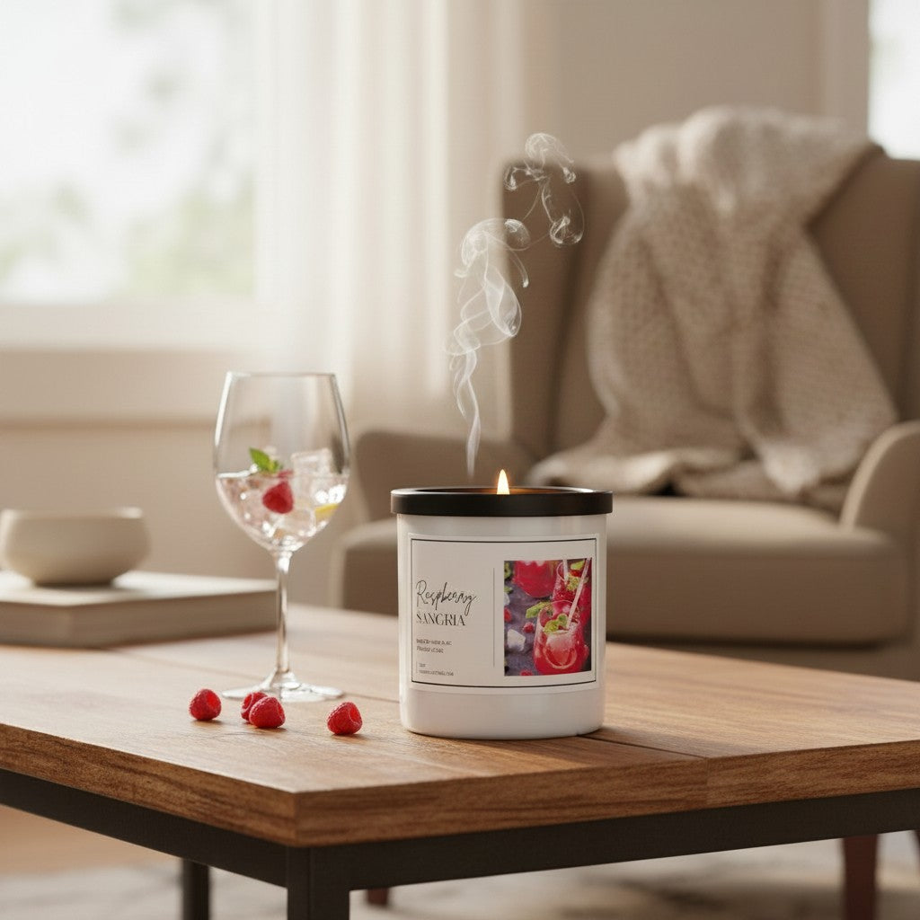 Doodlations Coffee Bar & Boutique Raspberry Sangria luxury candle with wisps of smoke on a wooden coffee table.