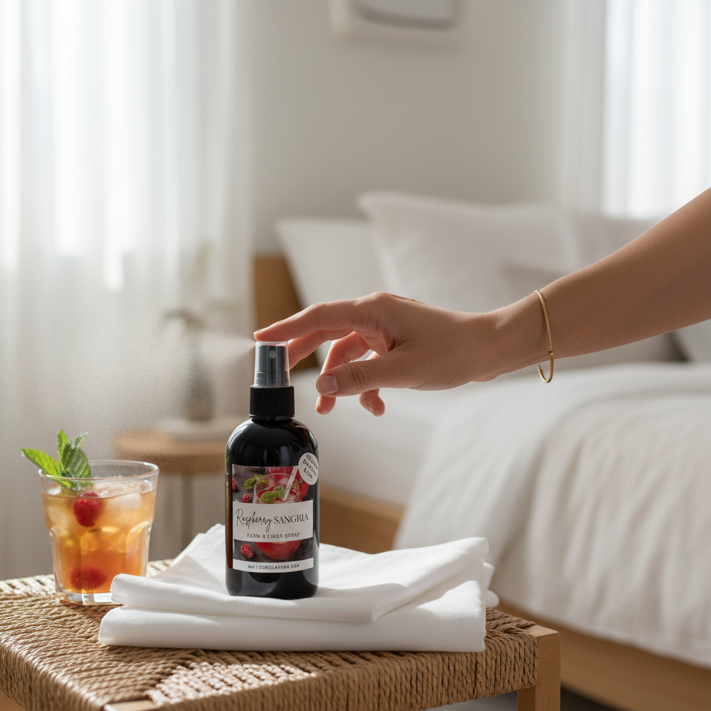 Doodlations Coffee Bar & Boutique Raspberry Sangria room and linen spray bottle on white linens with a fruit drink.
