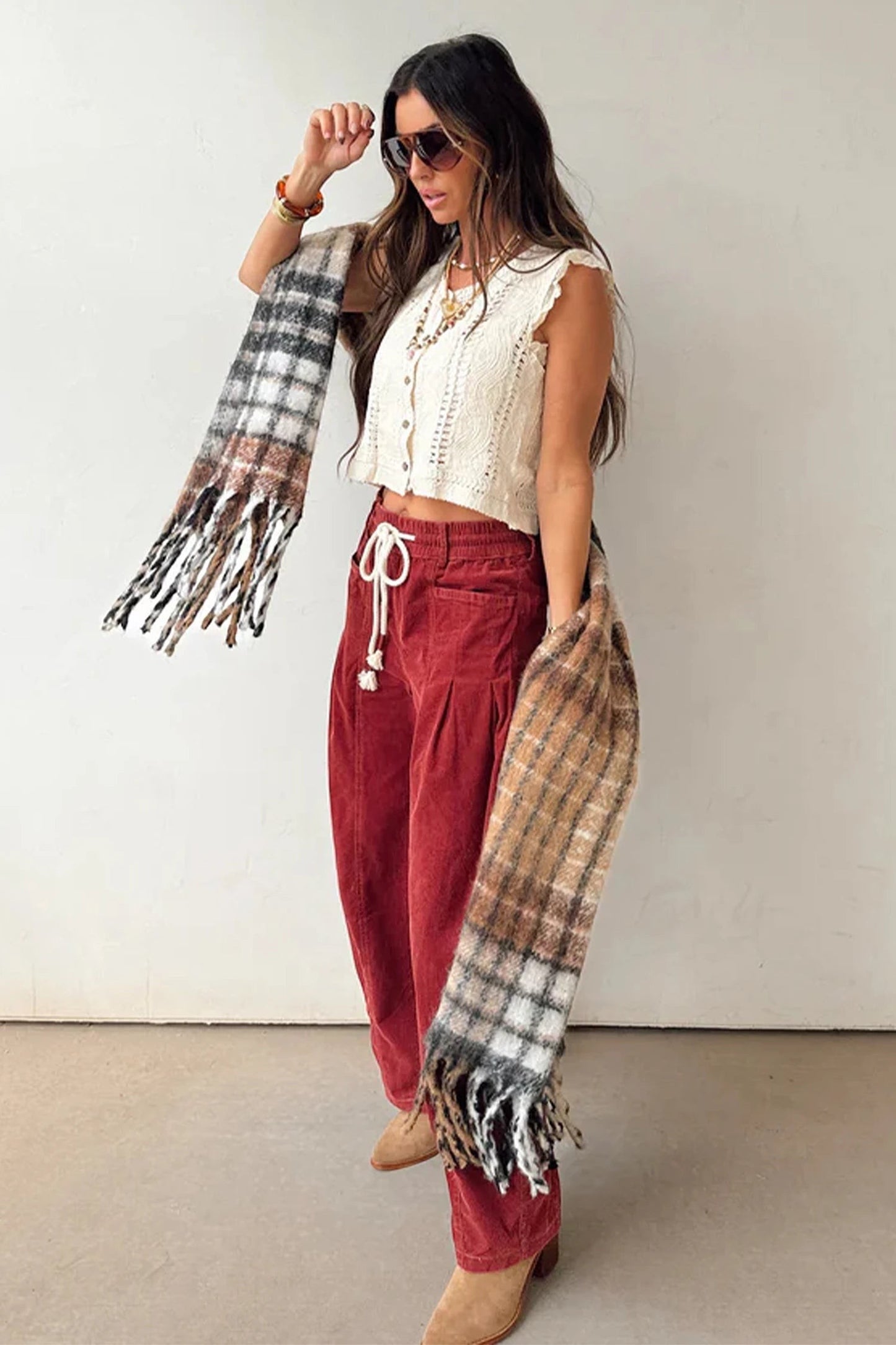 Doodlations Coffee Bar & Boutique racing red corduroy pants with elastic drawstring waist worn with a plaid scarf