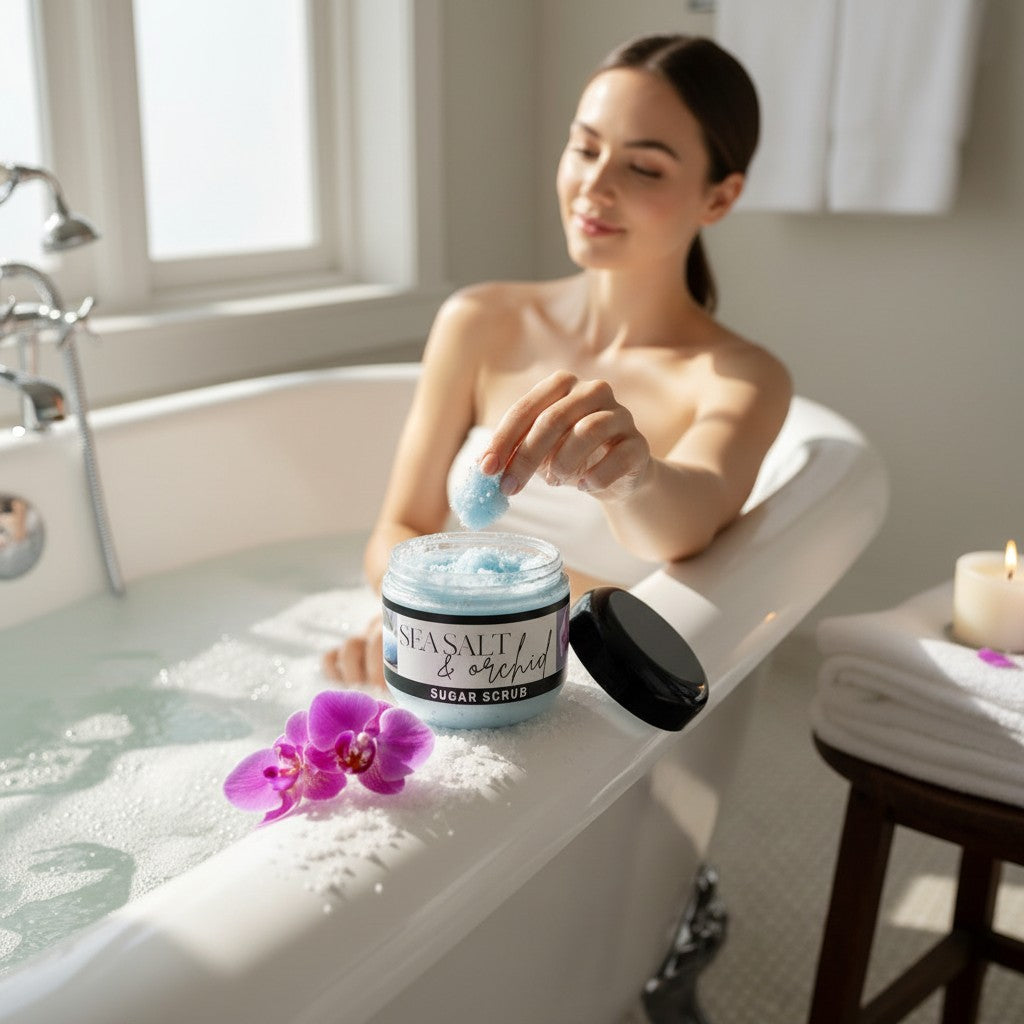 Woman in a bathtub using Doodlations Coffee Bar & Boutique Sea Salt & Orchid sugar scrub for gentle exfoliation.