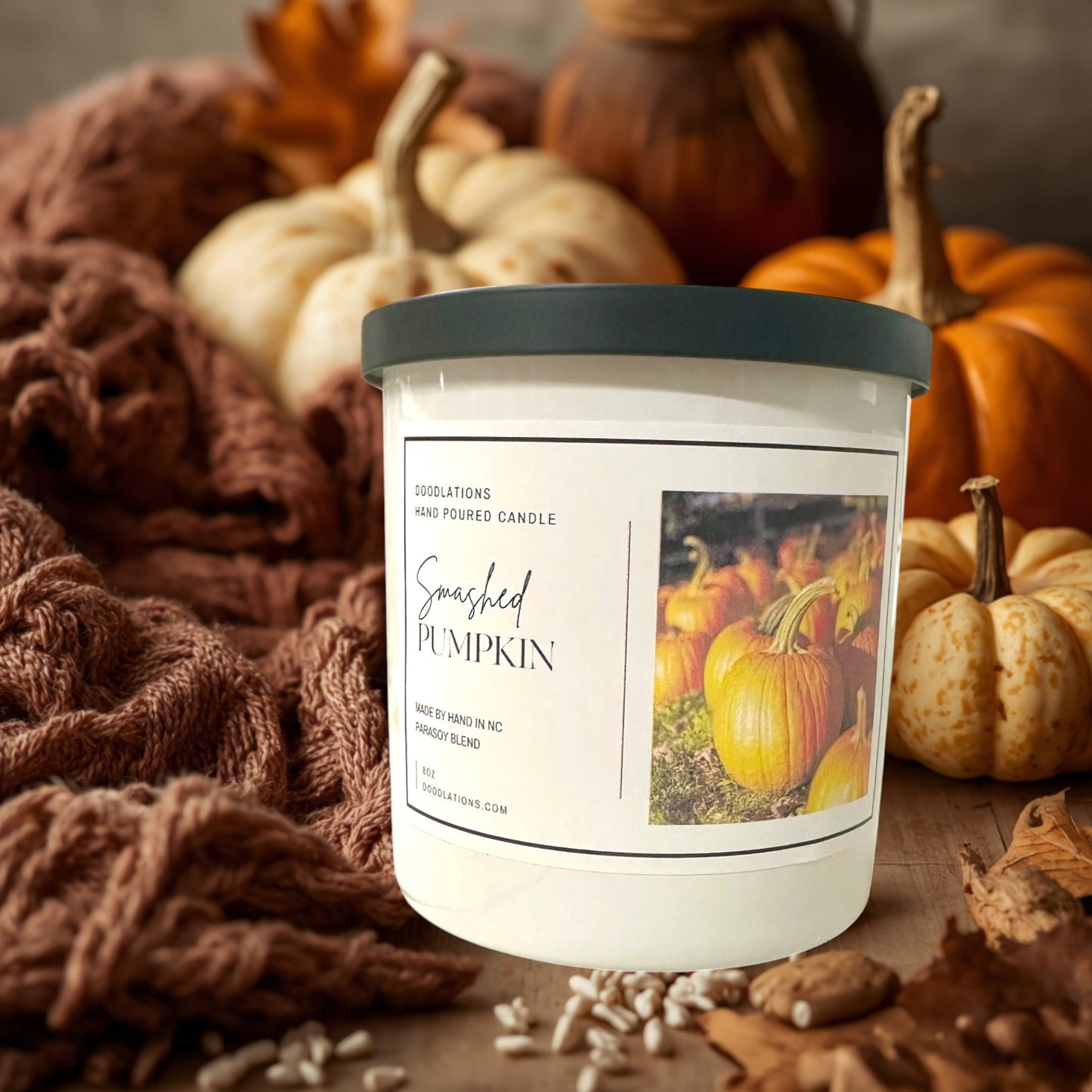 Doodlations Coffee Bar & Boutique Smashed Pumpkin luxury boutique candle, hand-poured with a rich fall scent.