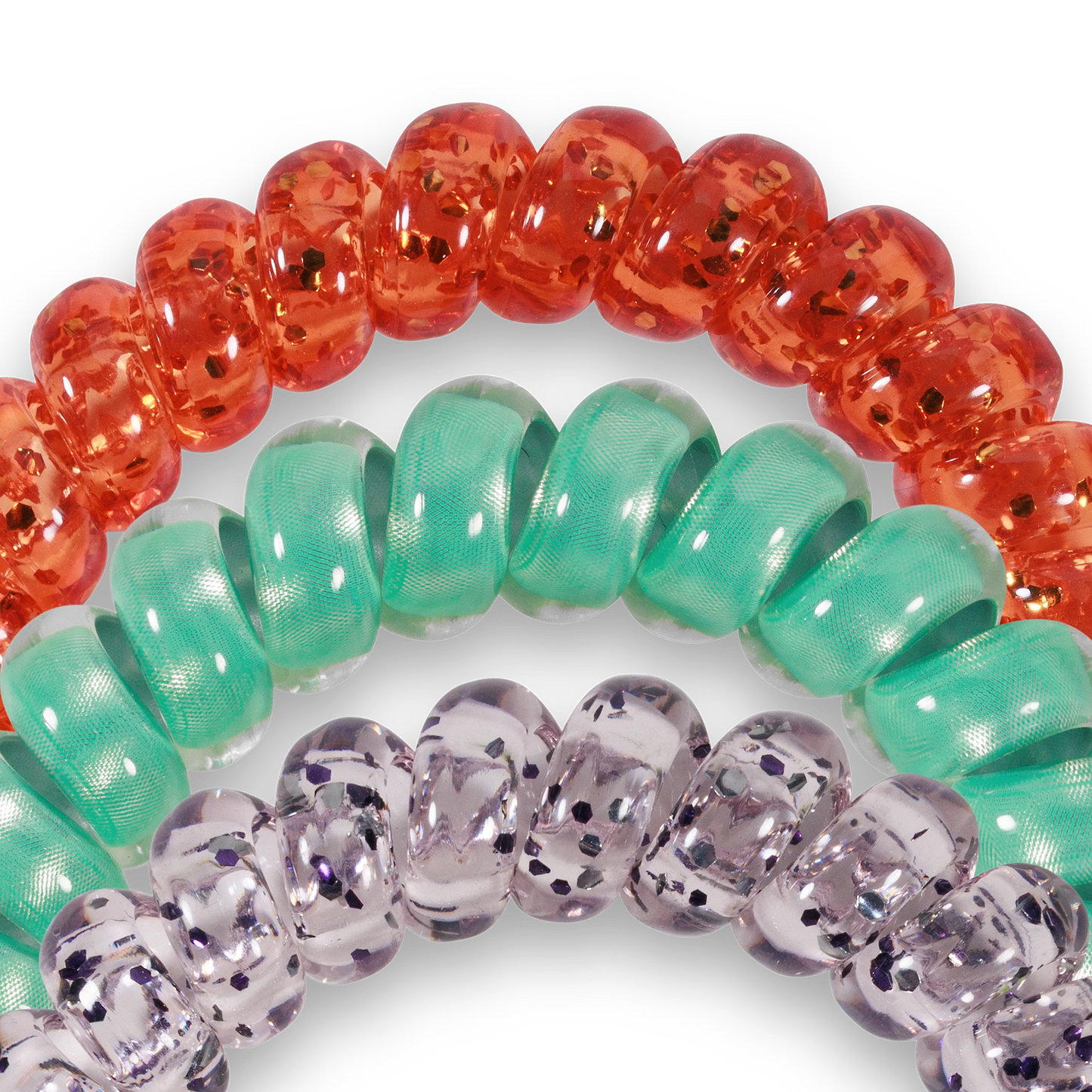 Doodlations Coffee Bar & Boutique large spiral hair coils in orange, teal, and clear with glitter accents.
