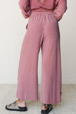 Doodlations Coffee Bar & Boutique fuchsia and white striped wide-leg pants with elastic waist and raw seam details