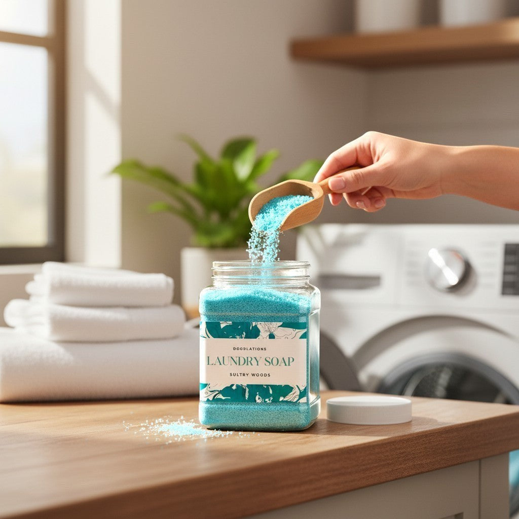 Doodlations Coffee Bar & Boutique Sultry Woods laundry soap powder in a jar, being scooped into a laundry room.