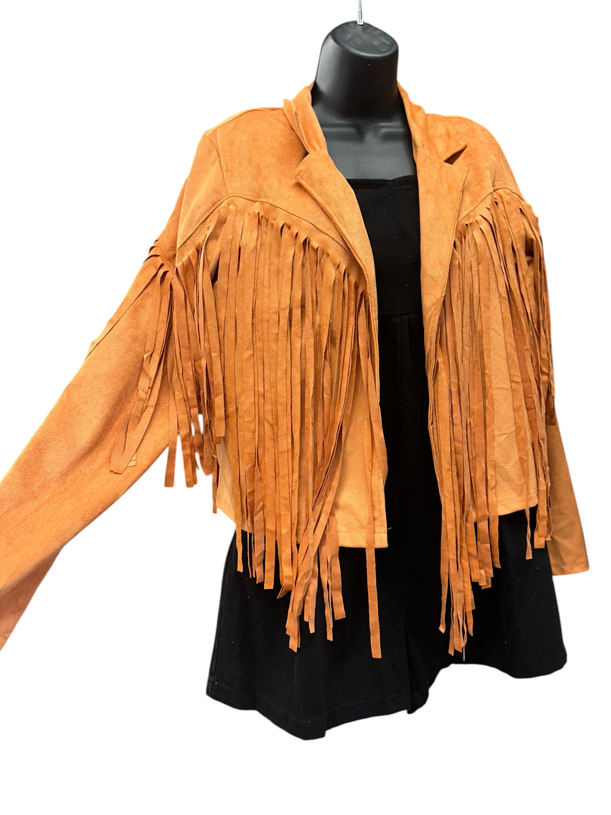 Doodlations Coffee Bar & Boutique tan faux suede Western jacket with long fringe detailing on chest and sleeves