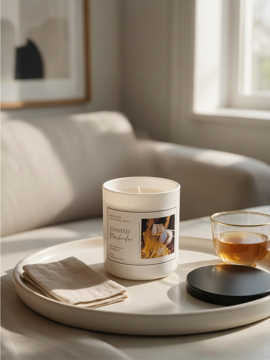 Doodlations Coffee Bar & Boutique Toasted Marshmallow scented candle in a white jar on a tray with a tea cup