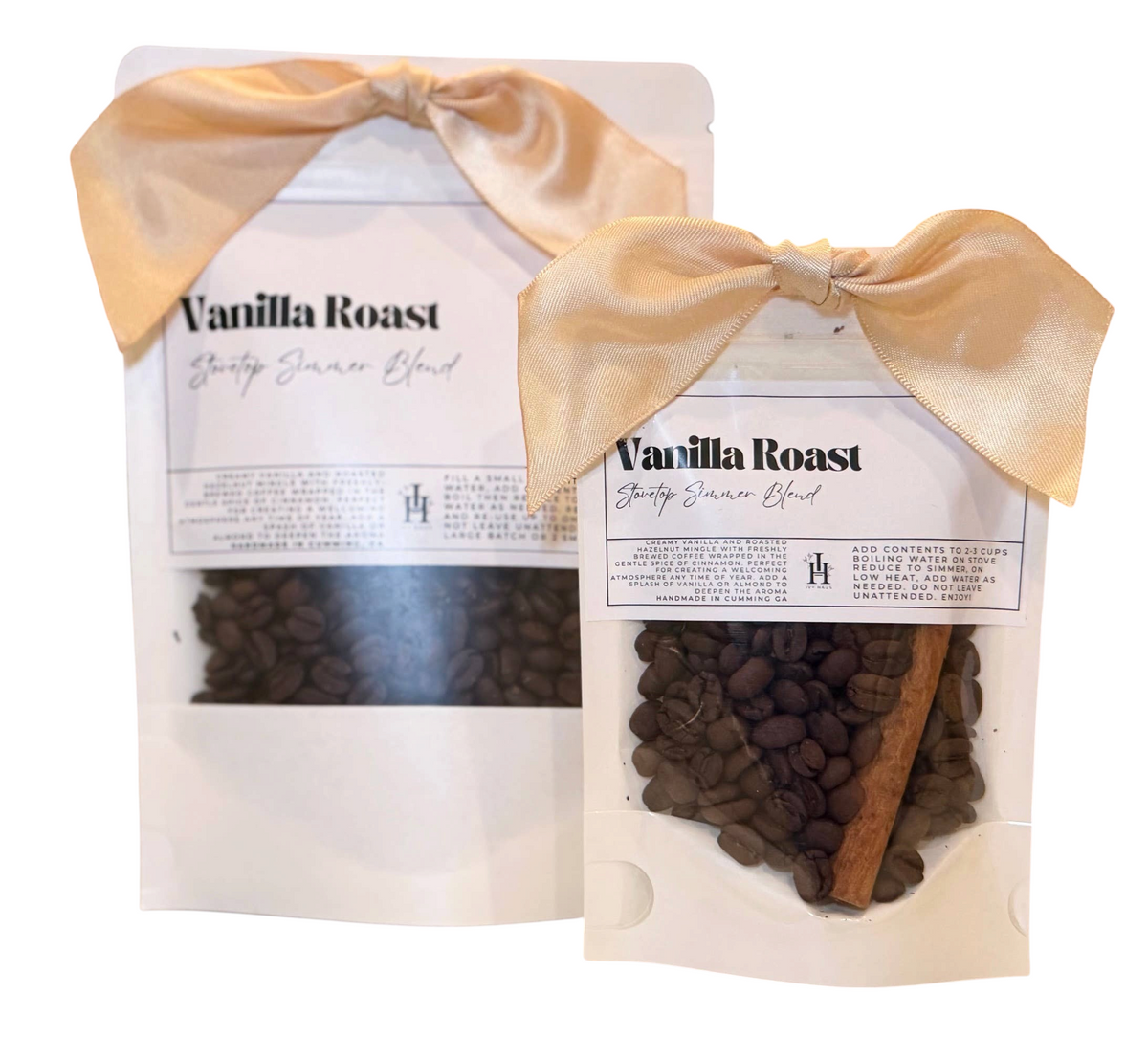 Doodlations Coffee Bar & Boutique Vanilla Roast stovetop simmer blend with coffee beans and cinnamon in clear bags.