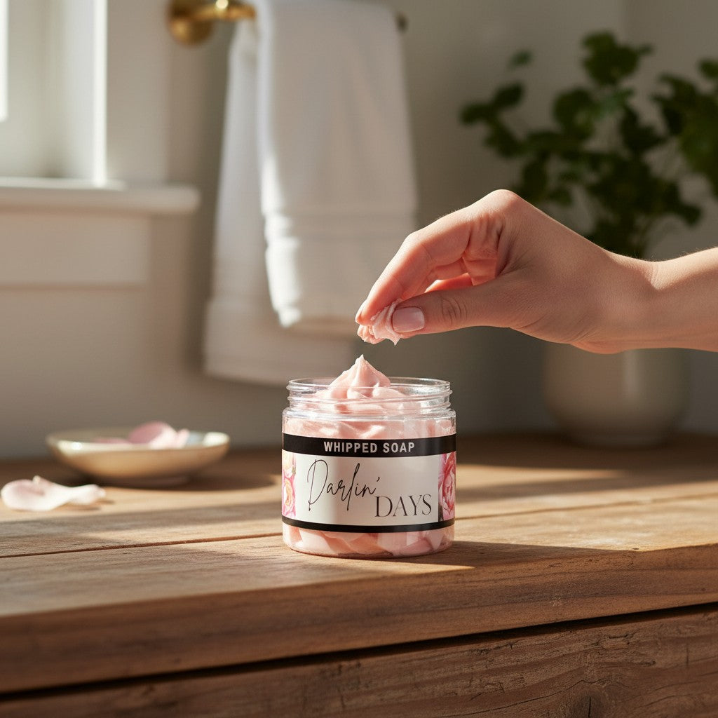 Doodlations Coffee Bar & Boutique Darlin Days pink whipped soap in a jar being scooped by hand on a wooden counter.