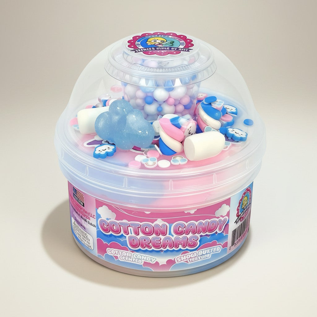 Doodlations Cotton Candy Dreams snow butter slime swirled pink, blue, white with charms and floam mix.