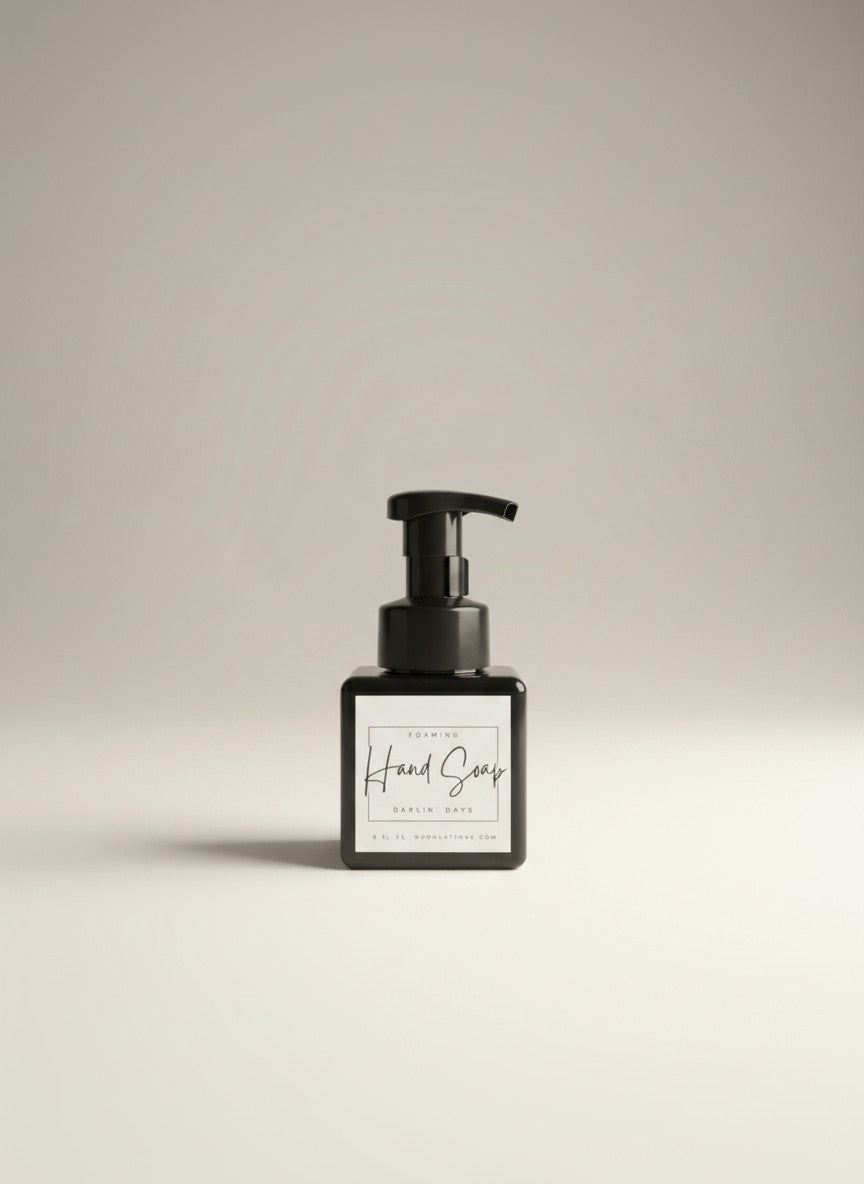Doodlations Coffee Bar & Boutique Darlin Days foaming hand soap in a black square bottle with a black pump dispenser.